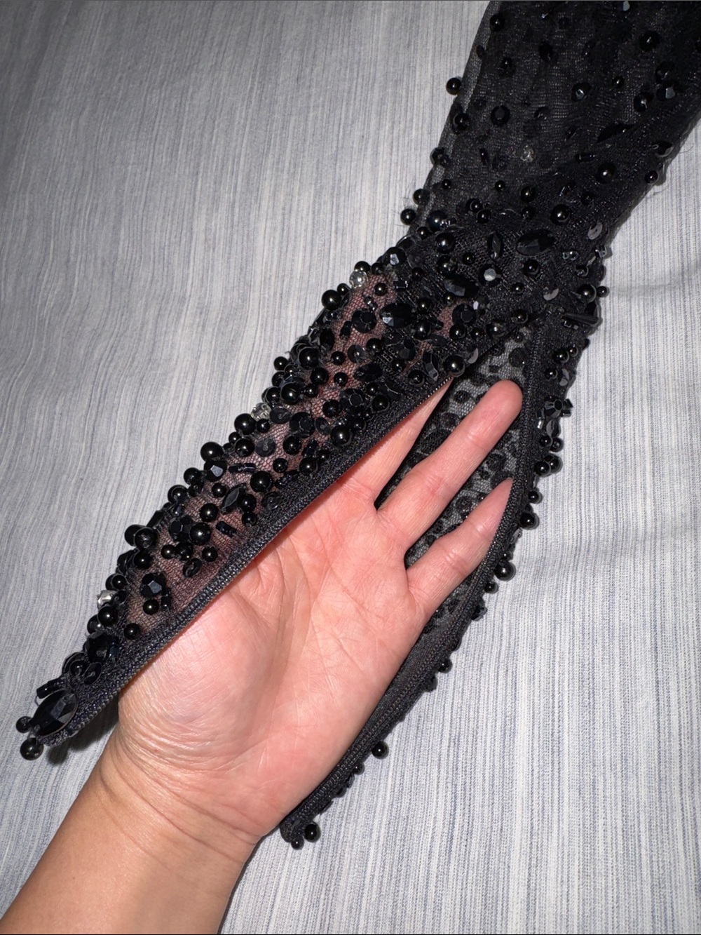 Black Beaded Sheer Mesh Long-Sleeve Mesh Mini Cocktail Dress - Picture 4 of 17